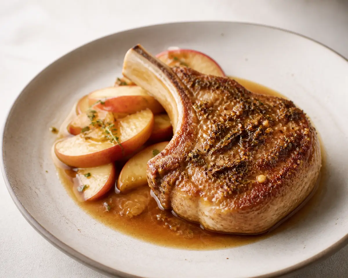 Chuletas de Cerdo con Costra de Hierbas, Manzana y Sidra
