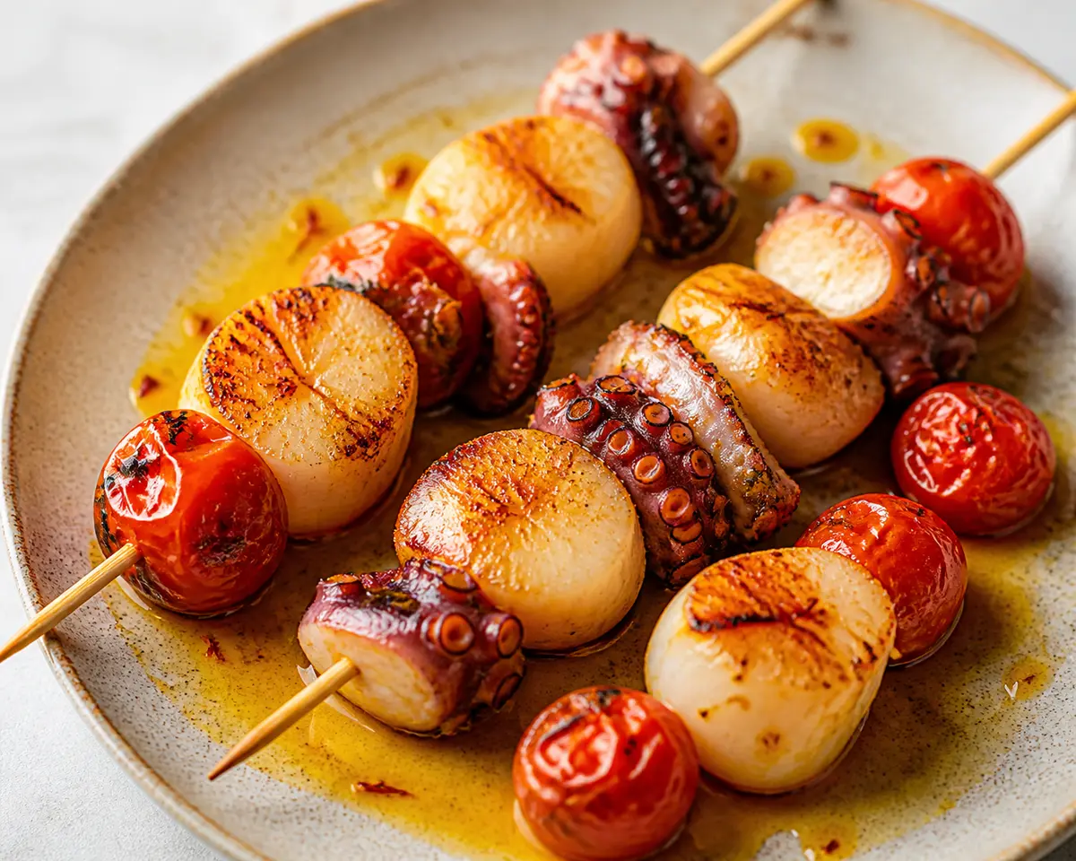 Octopus and Scallop Skewers with Saffron Butter and Roasted Tomato