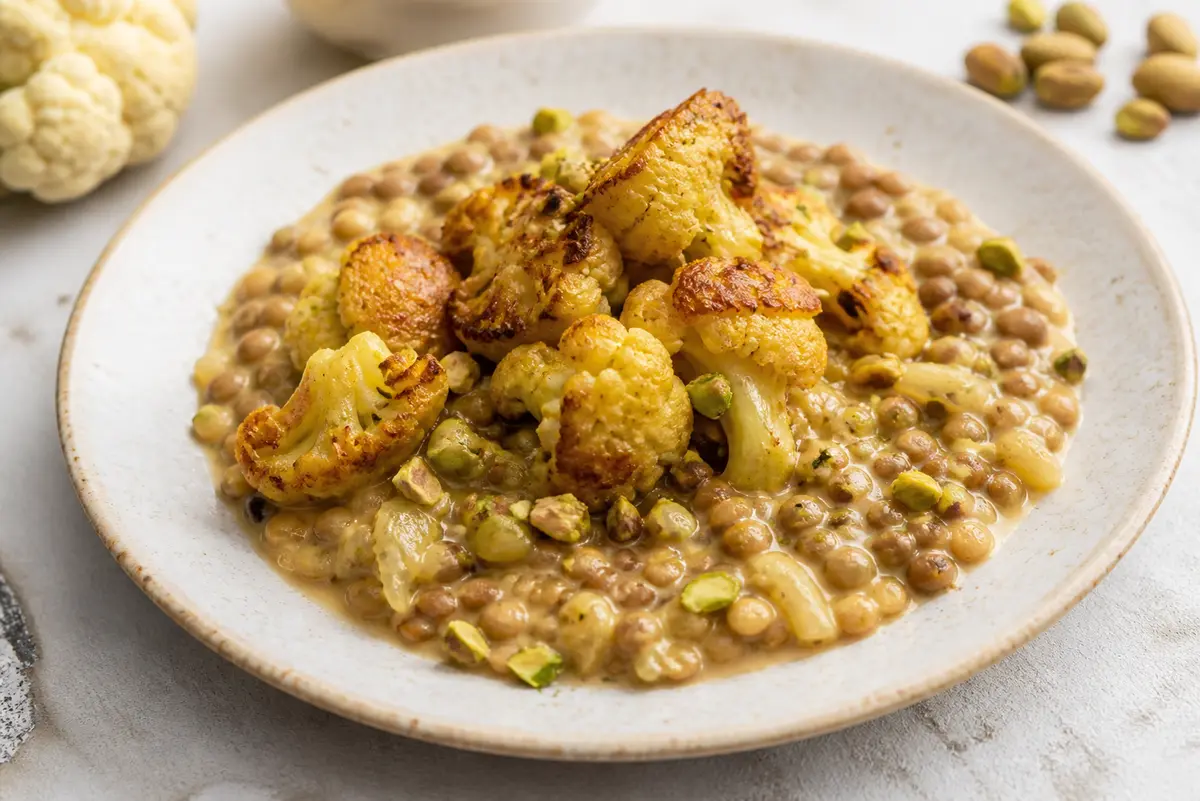 Coliflor Dorada con Lentejas Cremosas al Limón y Pistacho