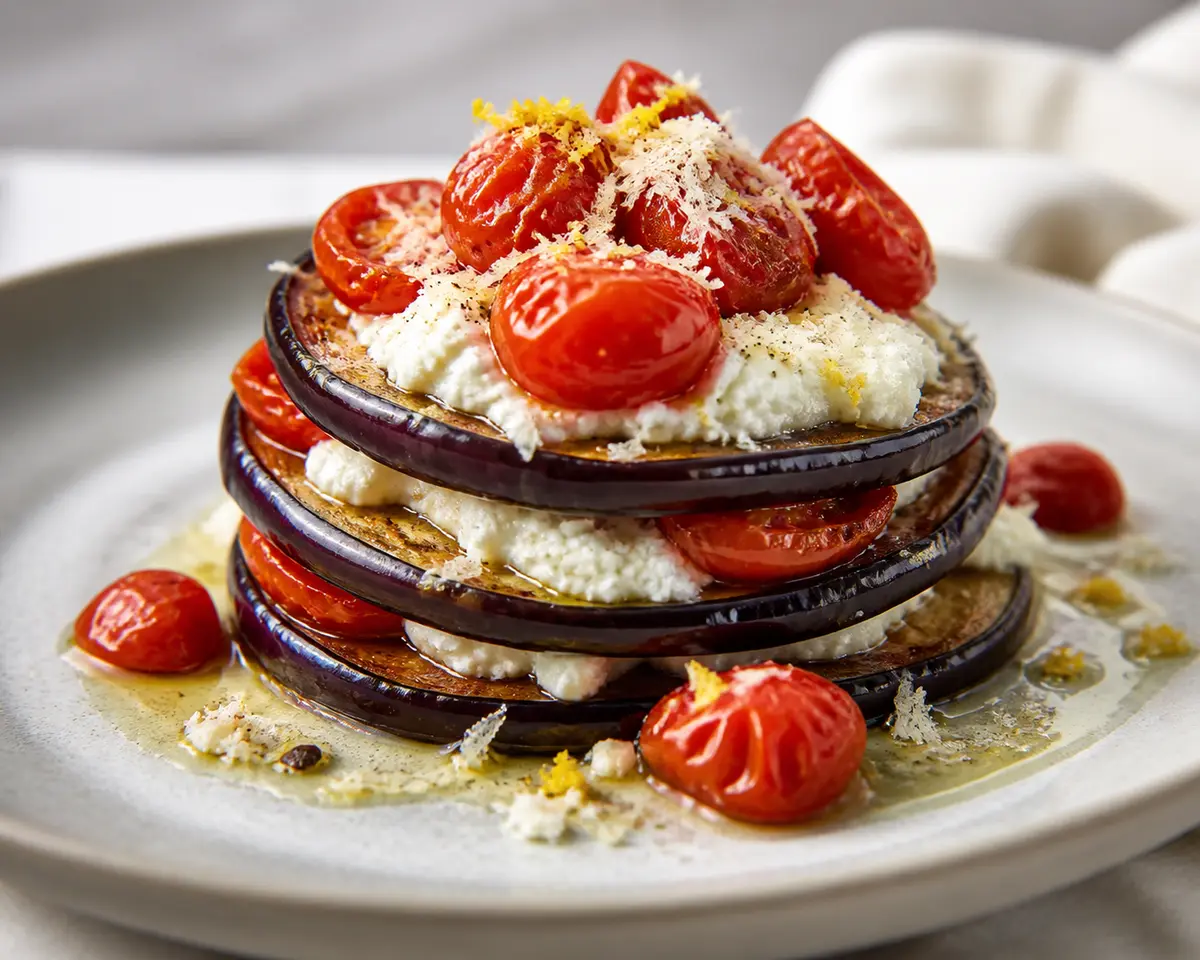 Milhojas Tibio de Berenjena, Ricotta al Limón y Tomates Asados