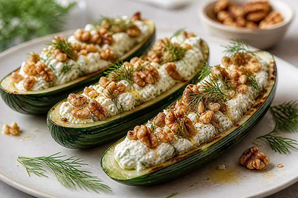 Barquitos tibios de pepino con ricotta al eneldo y nuez