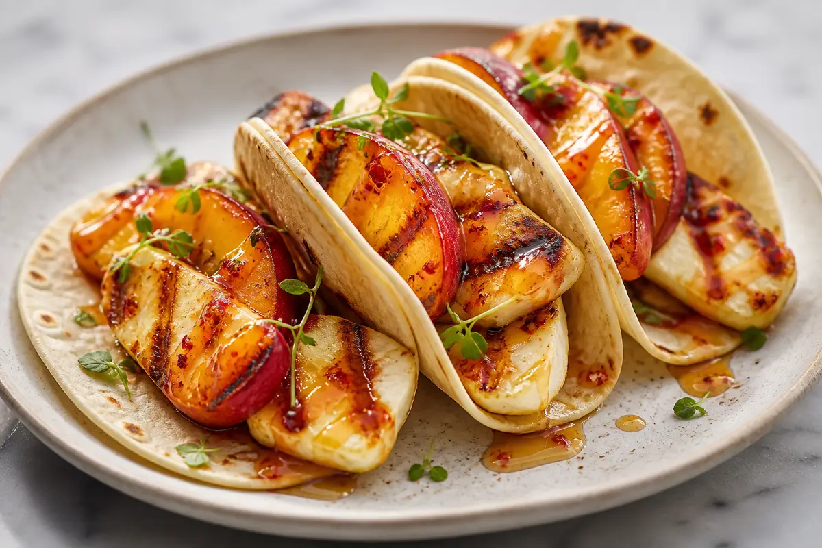 Tacos Tibios de Halloumi con Durazno Chamuscado y Miel Picante
