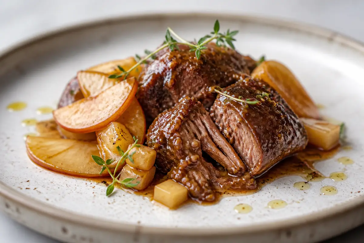Instant Pot Pork Cheeks with Cider, Mustard, and Apple