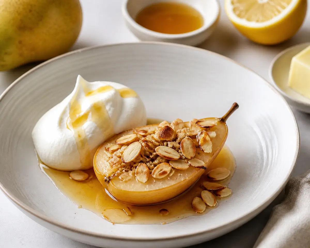 Gratín Tibio de Peras, Miel y Almendra con Nube de Yogur