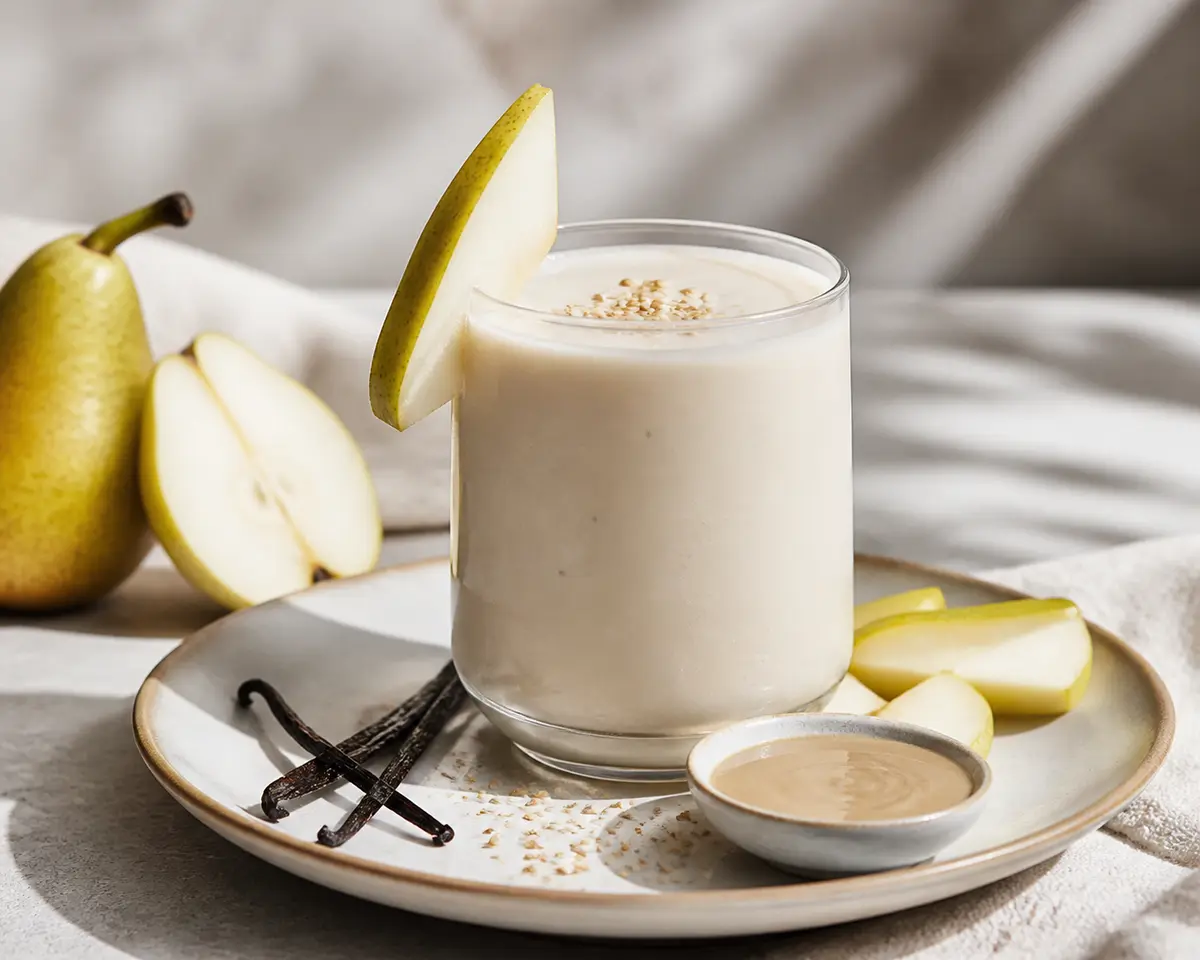 Batido Sedoso de Pera, Tahini y Vainilla