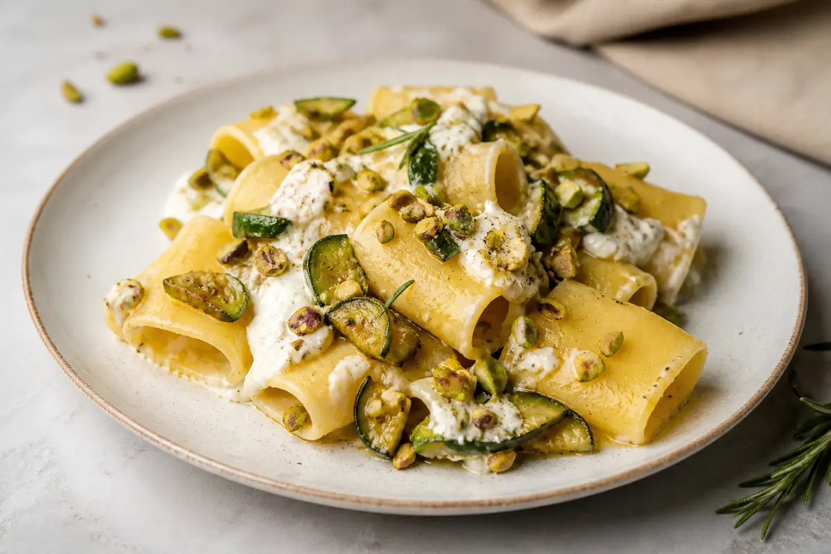 Paccheri al Horno con Ricotta Batida, Calabacín y Pistachos al Romero