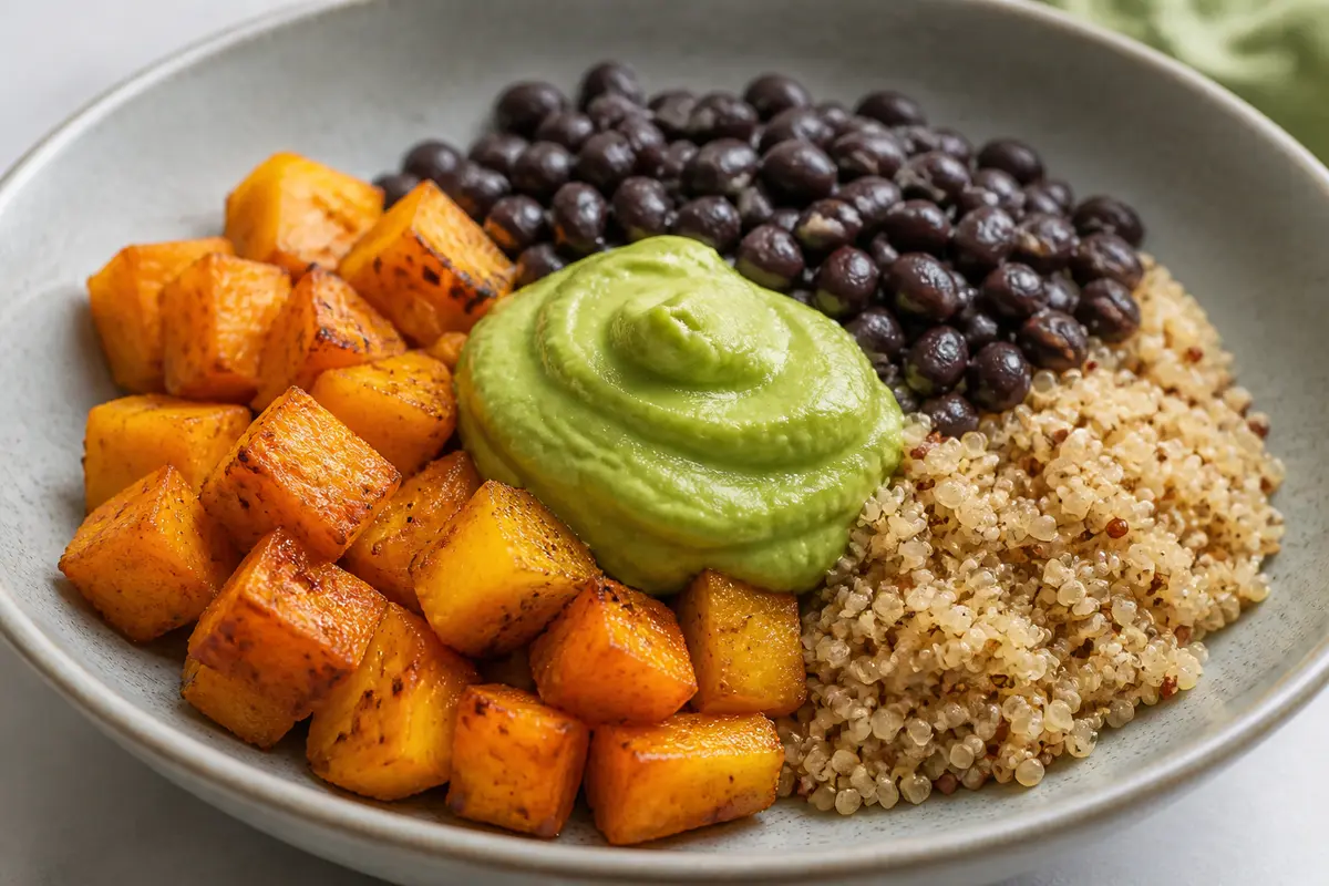 Calabaza Asada con Quinoa Cítrica, Frijoles Negros Crujientes y Crema de Aguacate