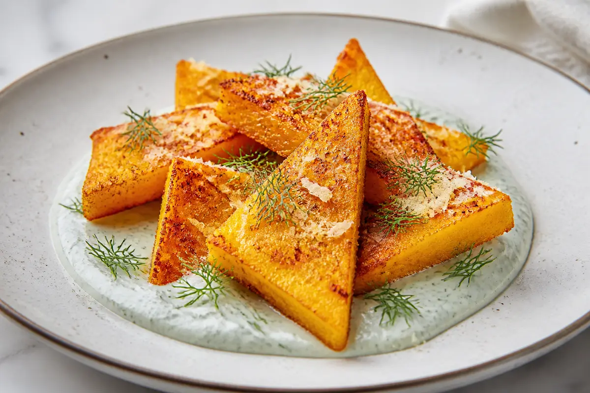 Chips de Polenta Crujiente con Pimentón Ahumado y Crema de Pepino al Eneldo