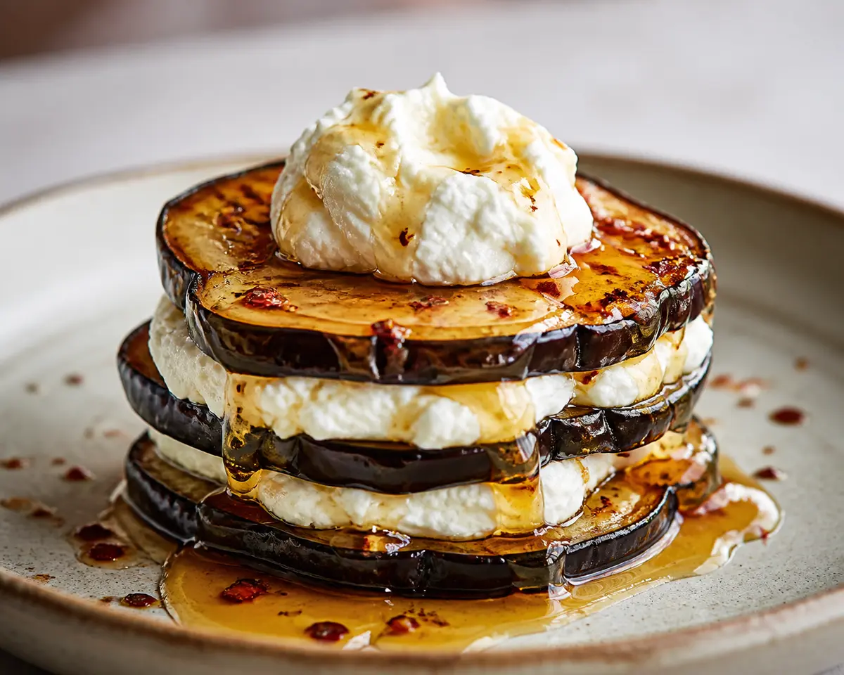 Milhojas Tibias de Berenjena con Crema de Feta Batida y Miel Picante