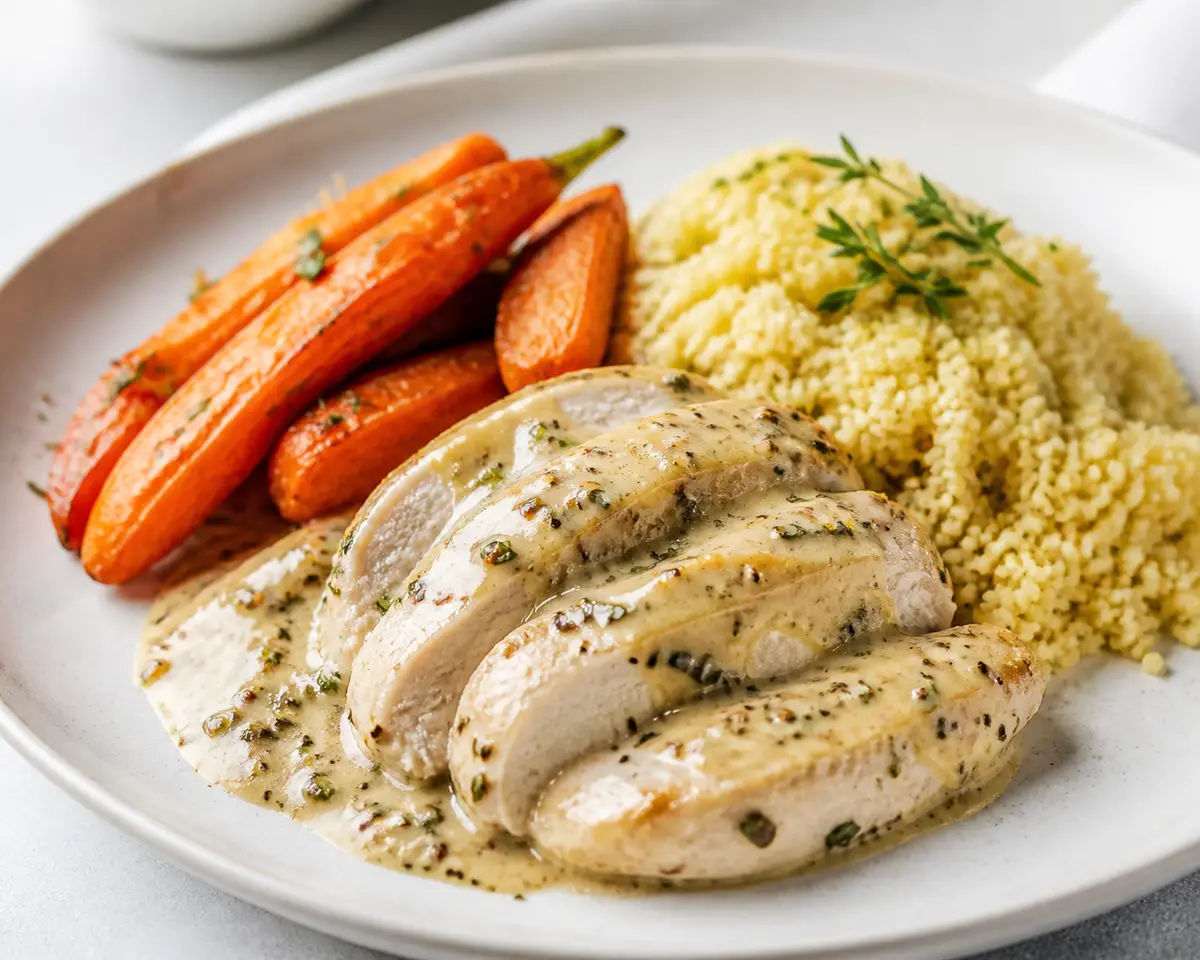 Pollo Cremoso de Mostaza y Hierbas con Zanahorias Asadas y Cuscús de Limón