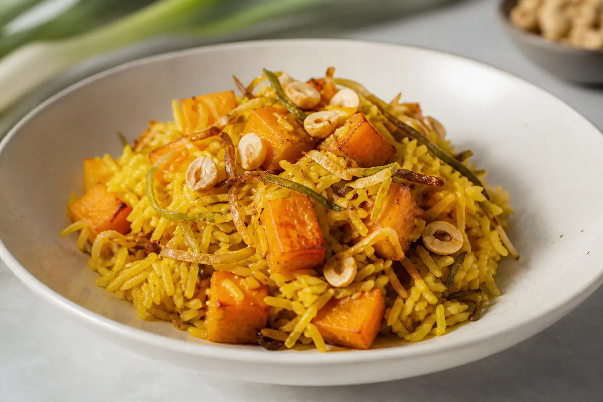 Golden Rice with Roasted Squash, Crispy Leek and Hazelnuts