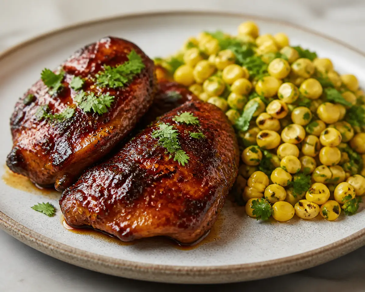 Pollo glaseado de tamarindo y pimentón con maíz salteado al cilantro