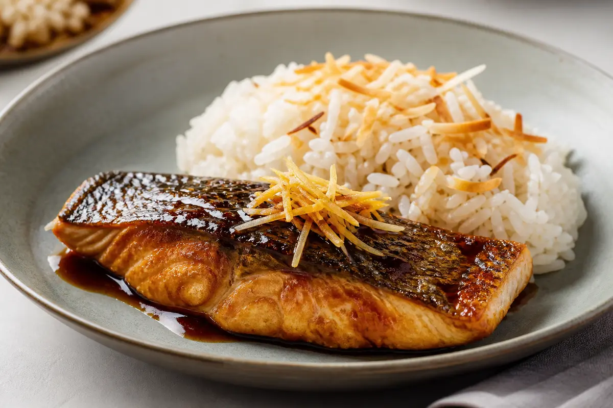 Lubina Glaseada con Tamarindo, Jengibre y Arroz de Coco Tostado