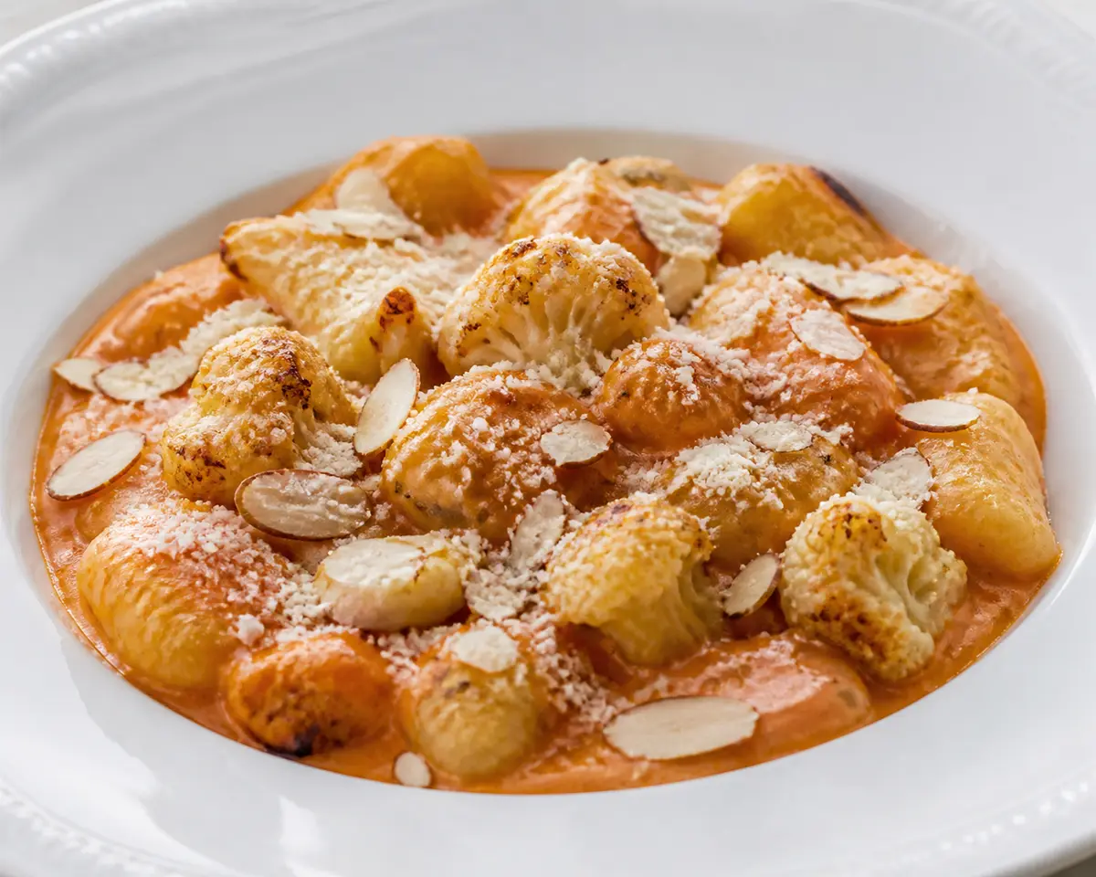 Gratín de Ñoquis de Coliflor con Crema de Pimiento Asado y Almendras