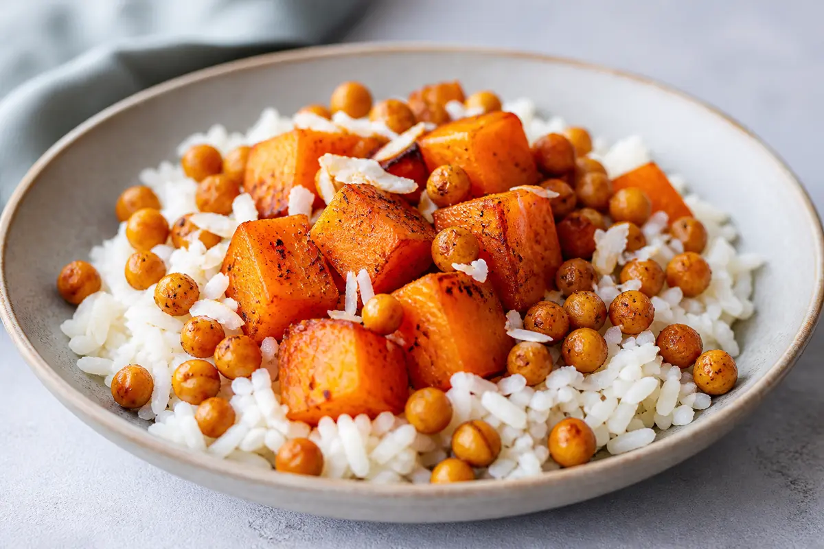 Calabaza Asada con Arroz Cremoso de Coco y Garbanzos Crujientes