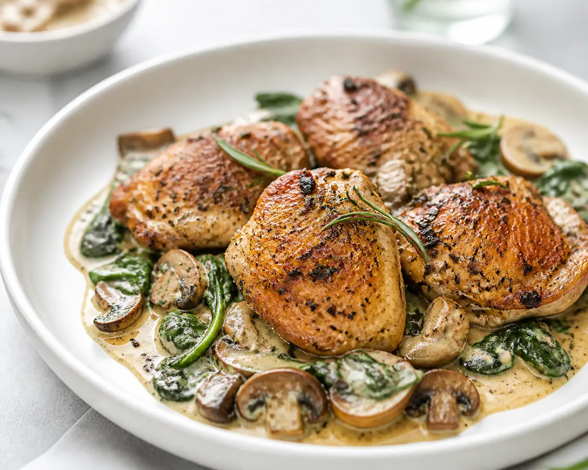 Muslos de Pollo al Romero con Champiñones Cremosos y Espinaca