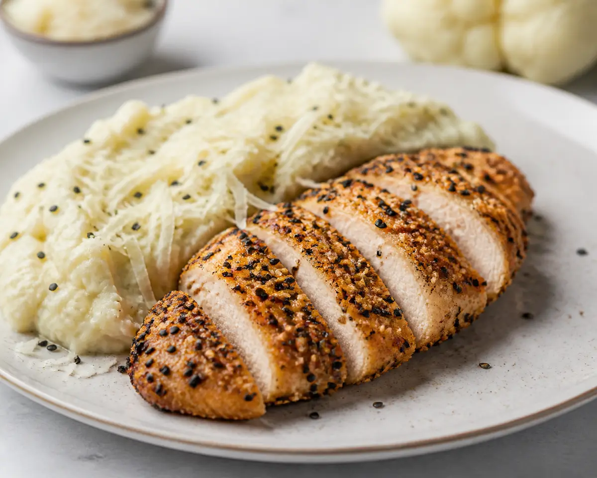 Pollo Crujiente Keto con Costra de Sésamo y Puré de Coliflor al Ajo