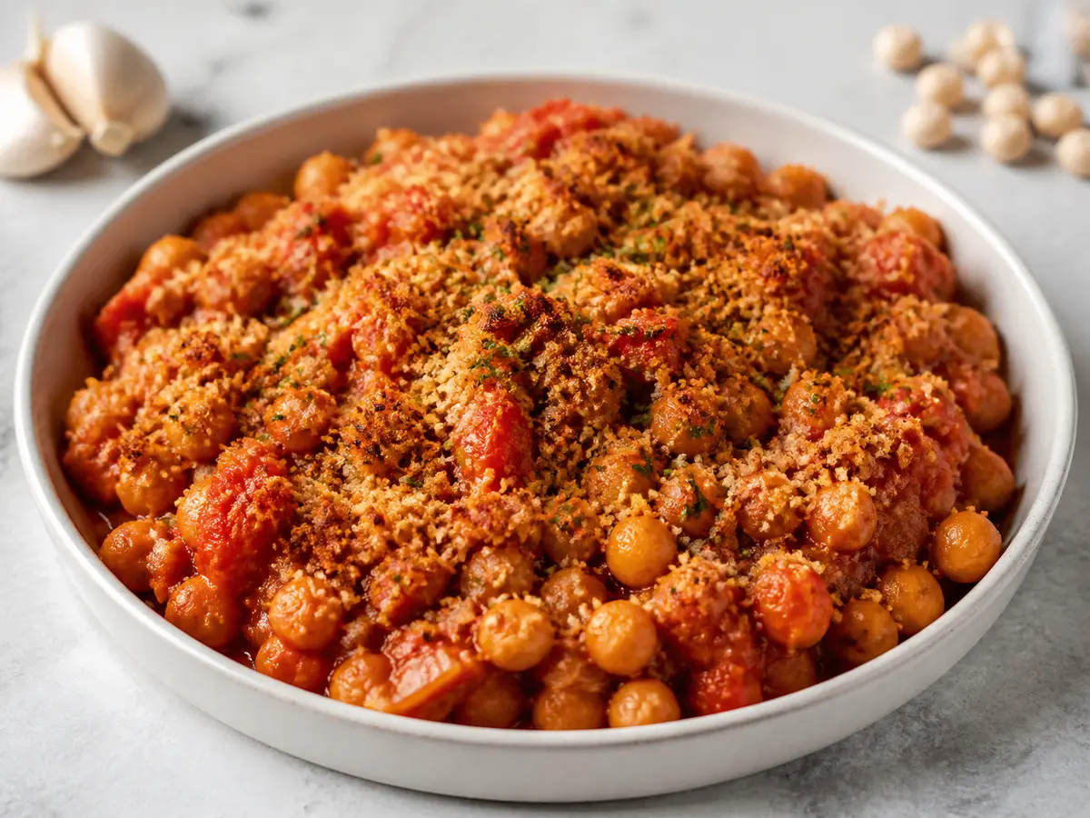 Cazuela Económica de Garbanzos, Tomate y Migas Crujientes