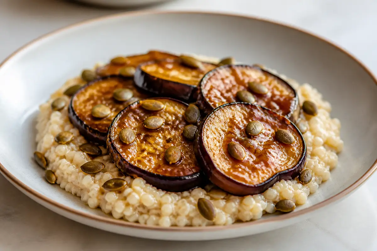 Miso-Orange Glazed Eggplant over Creamy Coconut Millet with Toasted Pepitas
