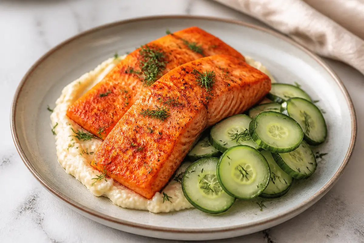 Smoked Paprika Salmon with Rustic Cauliflower Mash and Quick Pickled Cucumber
