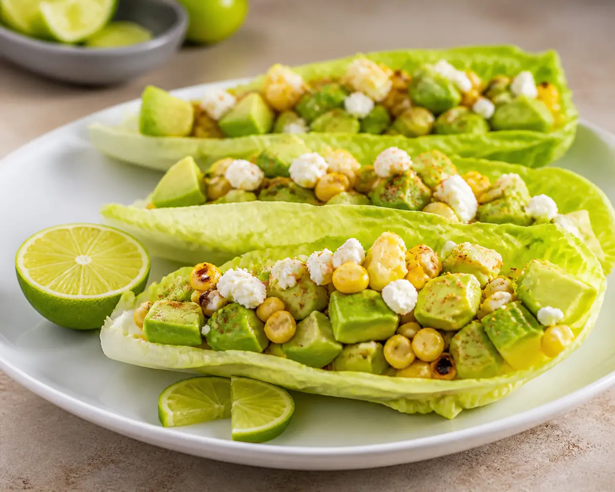 Crunchy avocado, smoky corn and fresh cheese cups with lime