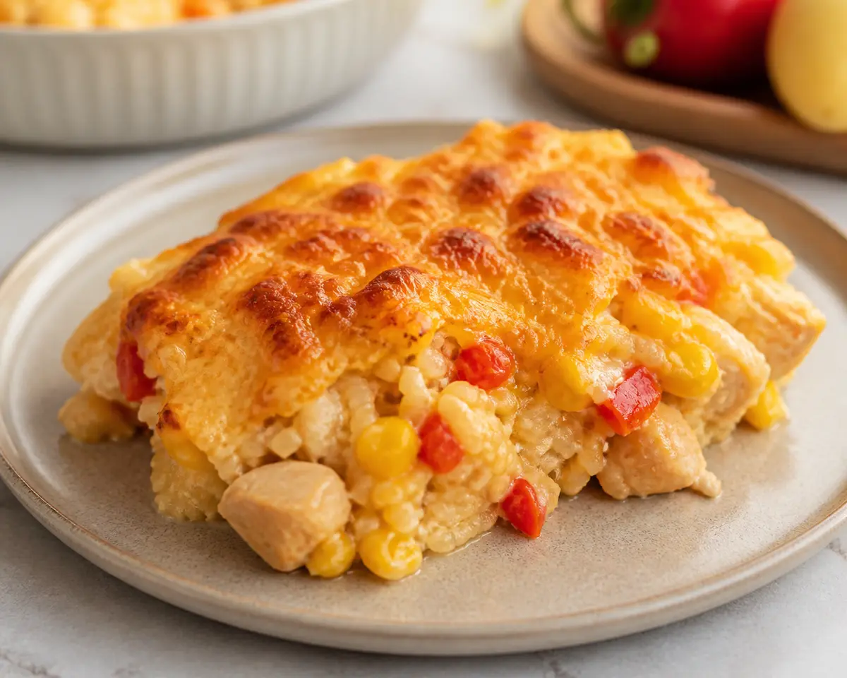 Arroz Cremoso Familiar de Pollo, Maíz y Pimientos con Costra de Queso