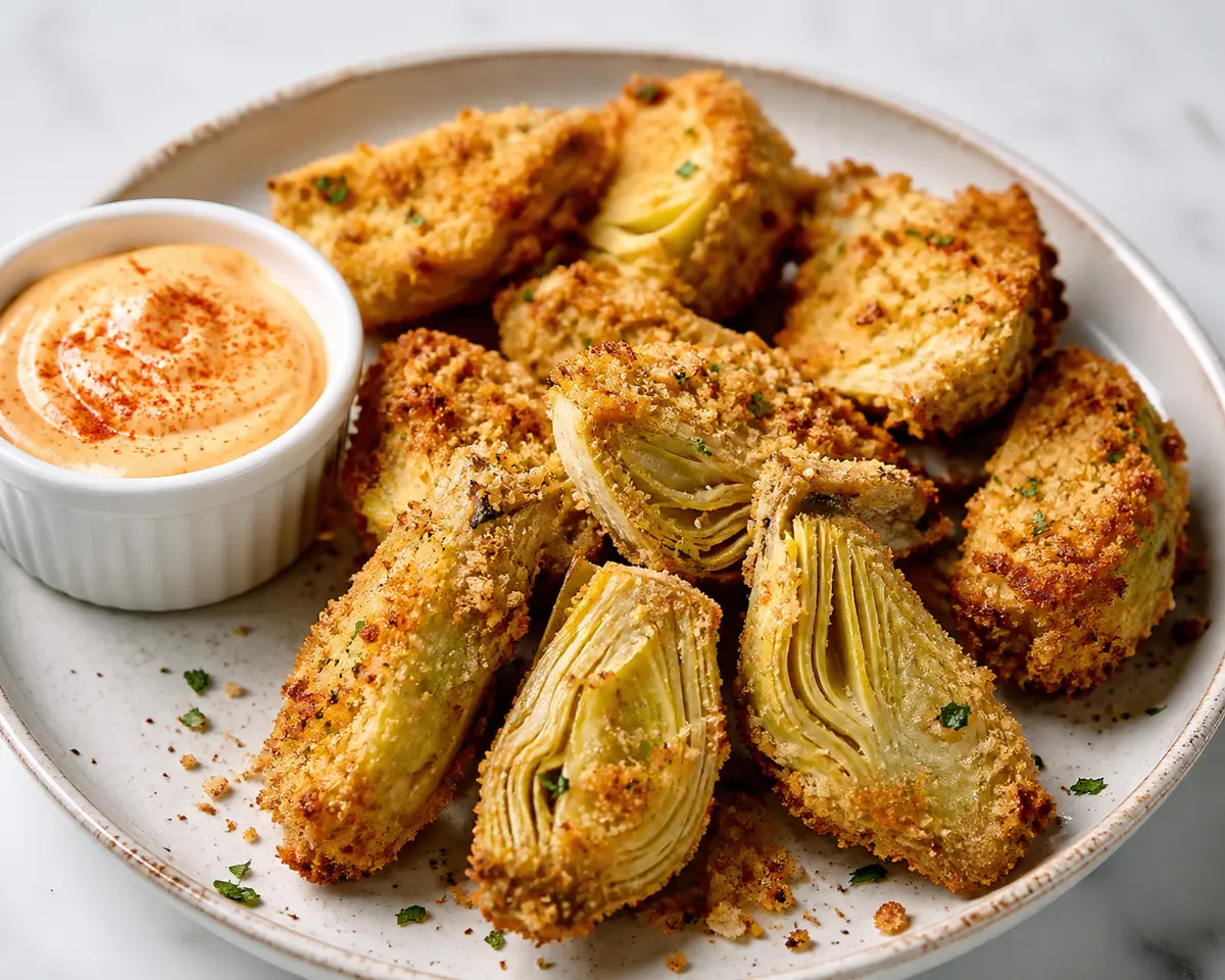 Crispy Air Fryer Artichoke Hearts with Parmesan Crust and Paprika Aioli