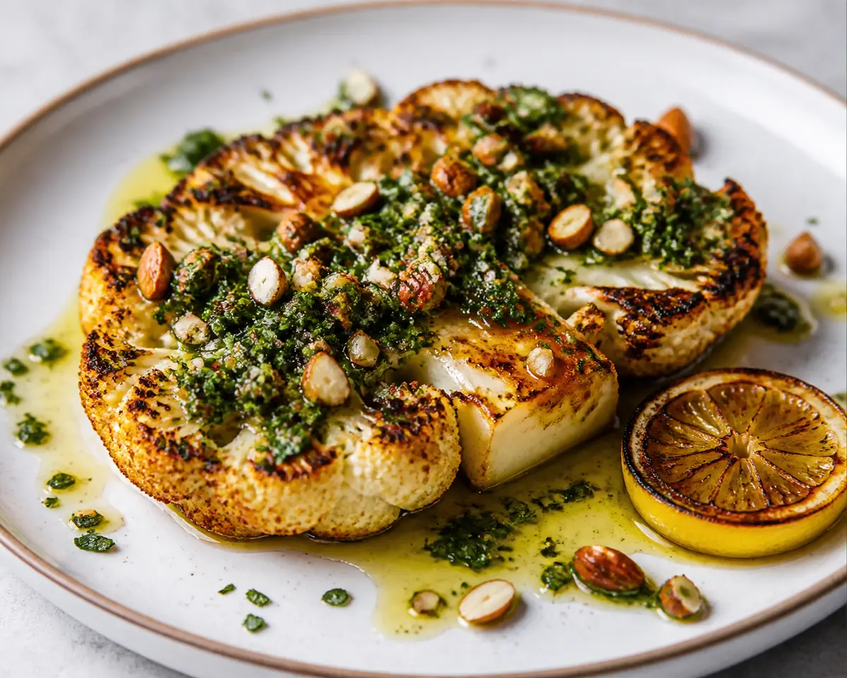 Grilled Cauliflower Steaks with Almond Chimichurri and Smoked Lemon
