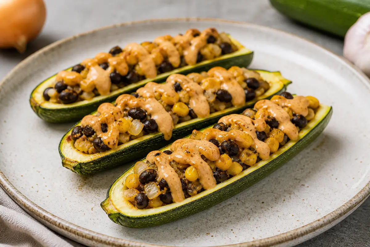 Zucchini Boats Stuffed with Corn and Black Beans with Creamy Chipotle Sauce