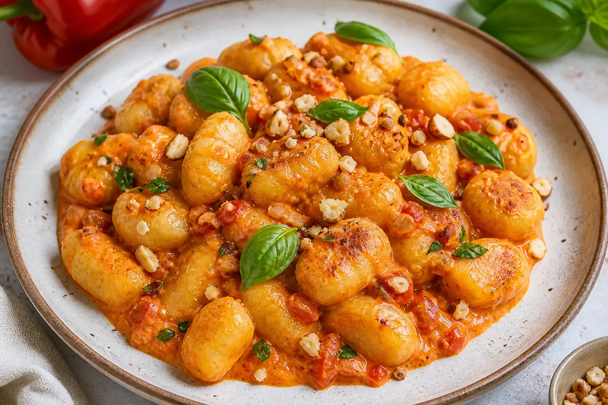 Gnocchi Dorados con Crema de Pimiento Asado, Albahaca y Avellanas