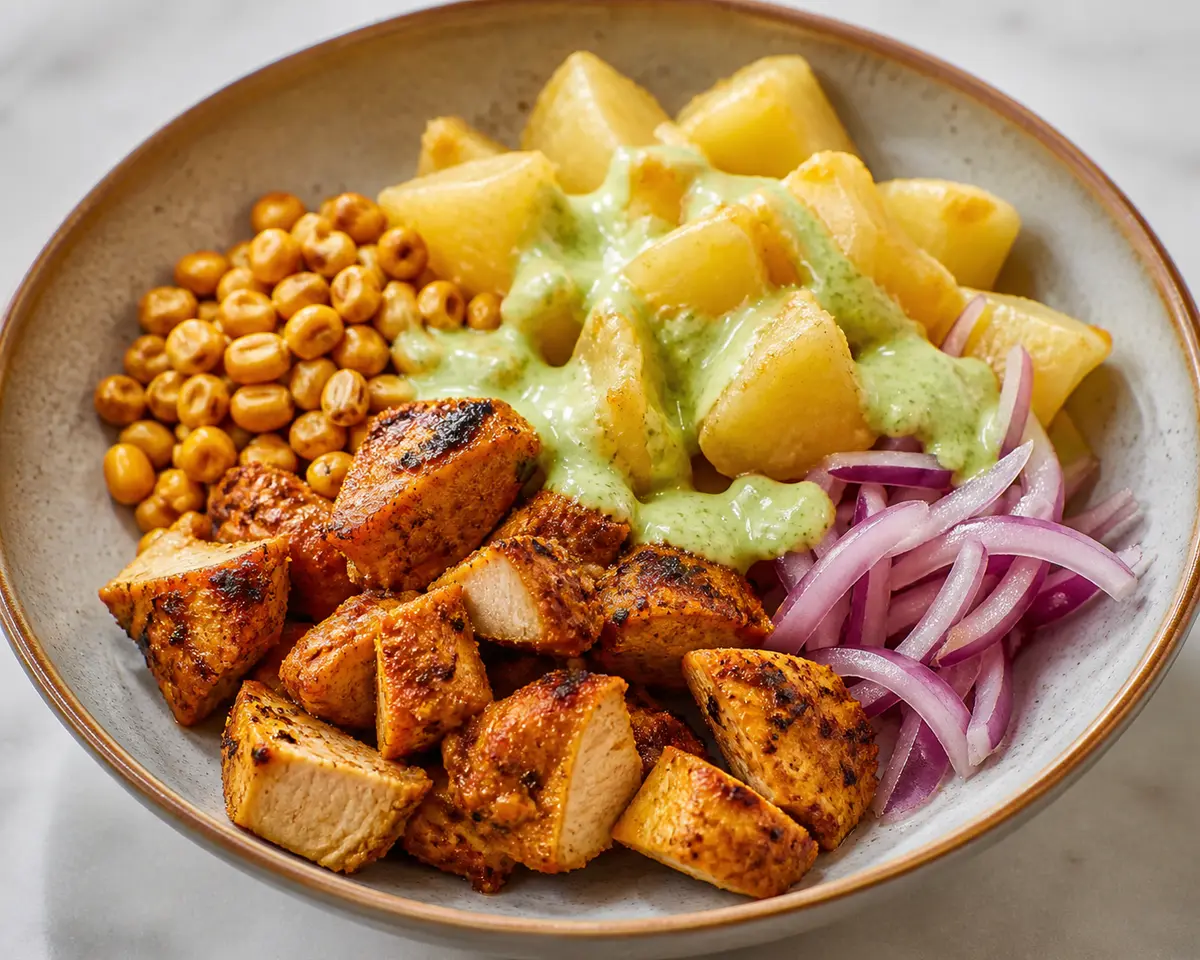 Tazones de Yuca Dorada con Pollo al Achiote, Maíz Tostado y Salsa de Lima