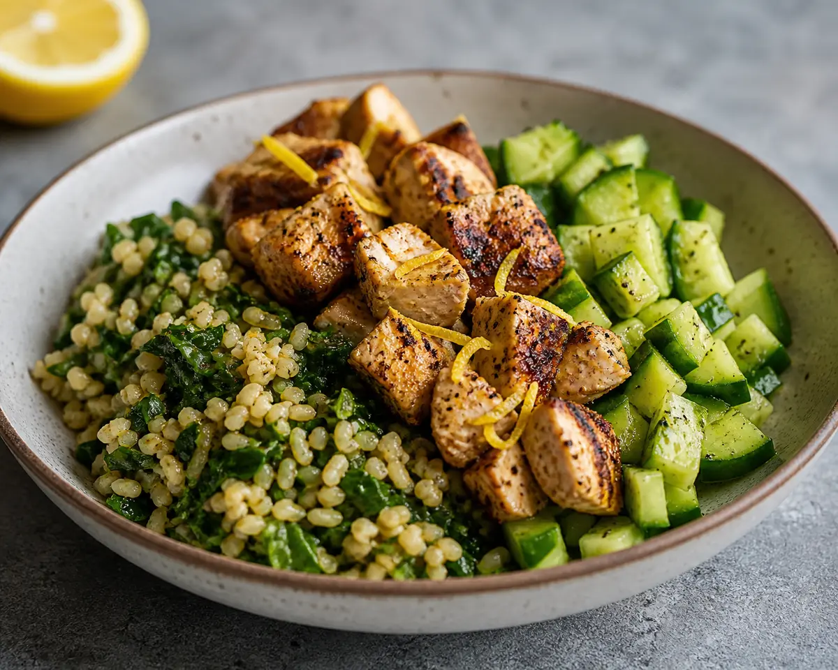 Bowl Tibio de Pollo al Limón Ahumado con Bulgur de Espinaca y Pepino Crujiente