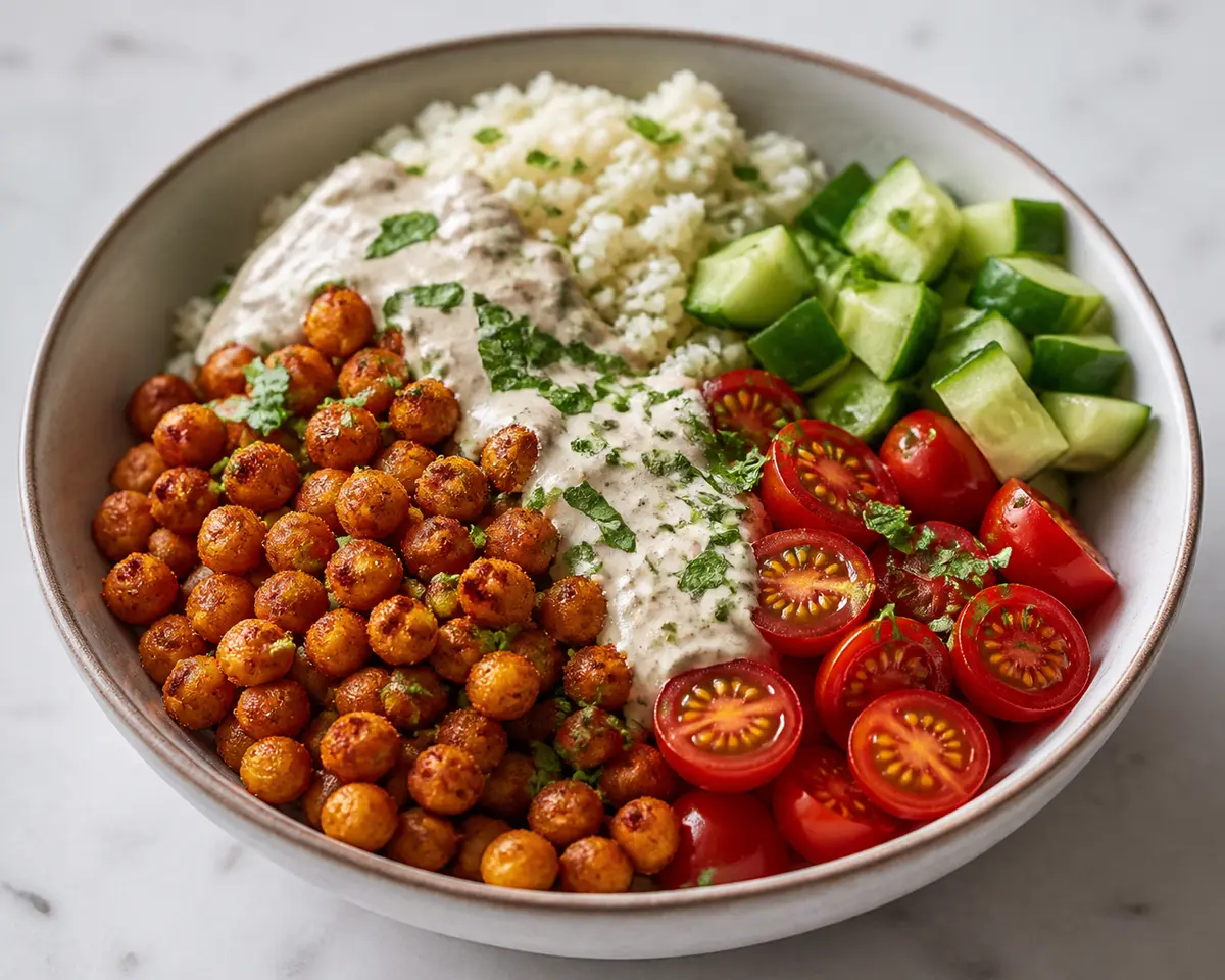 Bowl Tibio de Garbanzos Crujientes con Arroz de Coliflor al Ajo y Salsa de Tahini-Lima