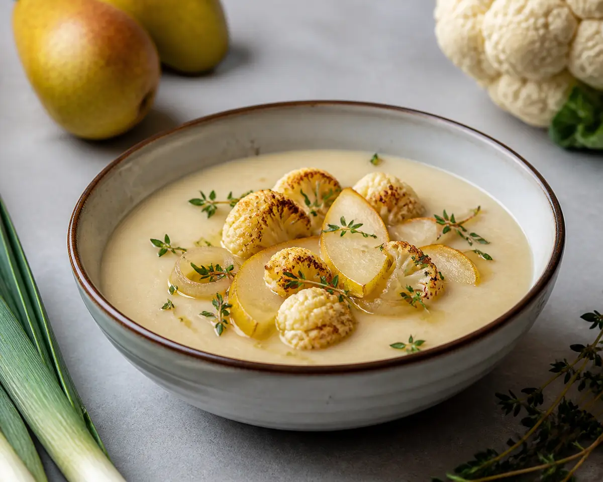 Sopa Cremosa de Coliflor Asada, Pera y Tomillo Crujiente