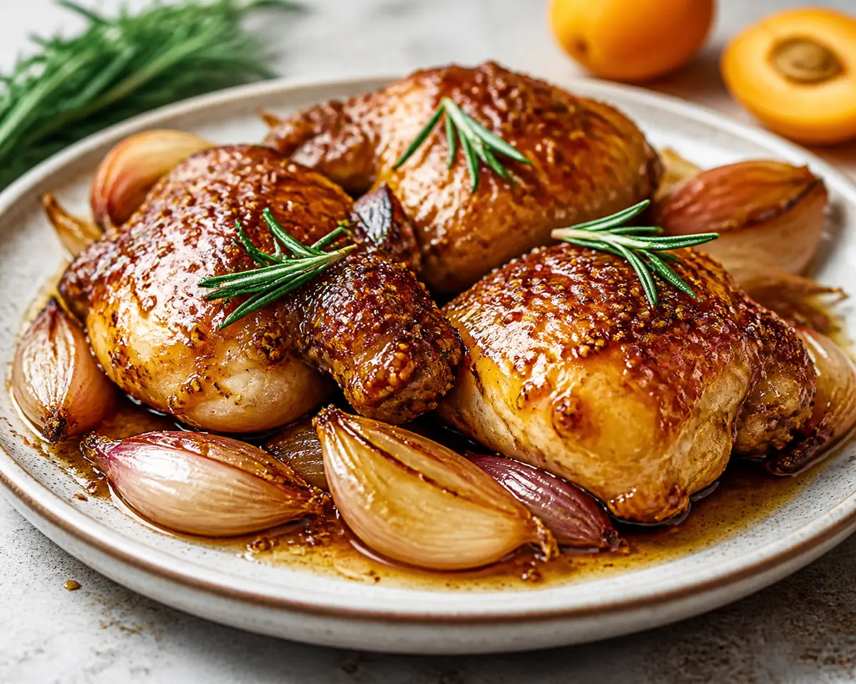 Pollo caramelizado de albaricoque y mostaza con chalotas al romero