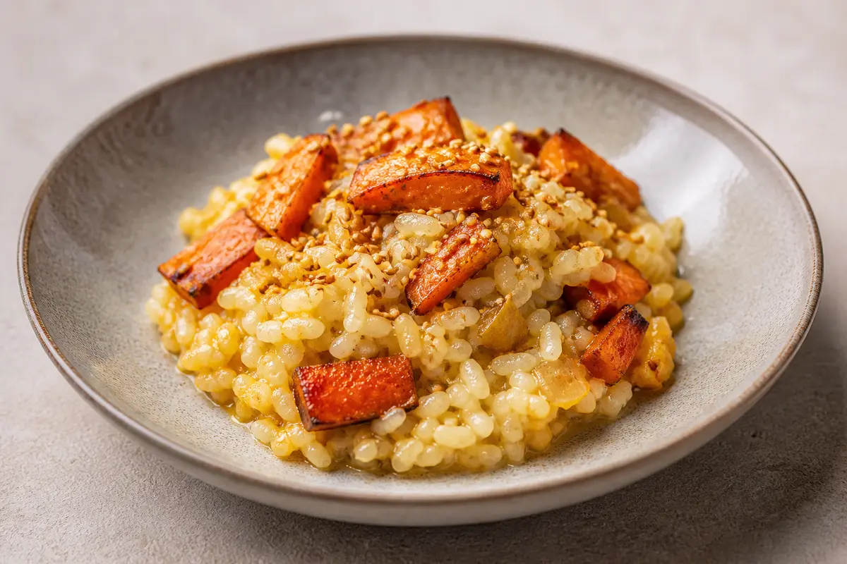 Arroz Meloso de Zanahoria Asada, Miso Suave y Sésamo Crujiente