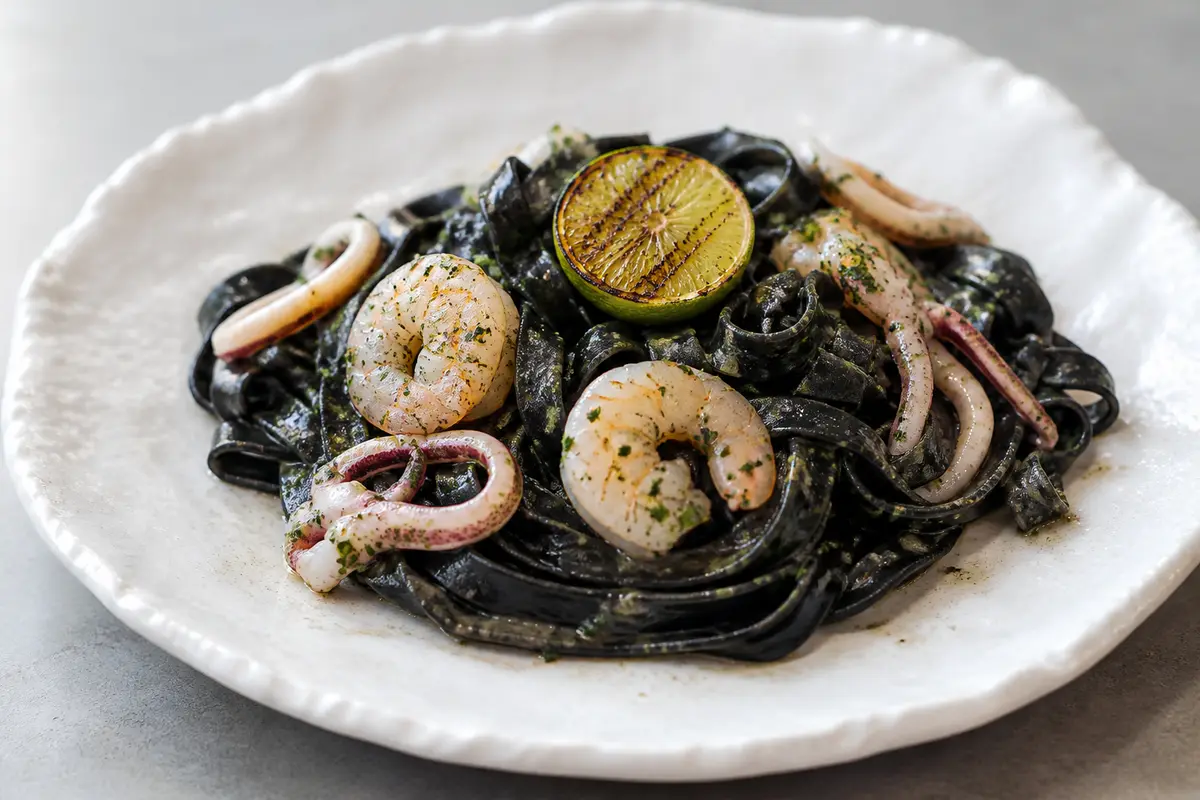 Fideos de Arroz Negros con Calamares, Langostinos y Mantequilla de Lima Tostada