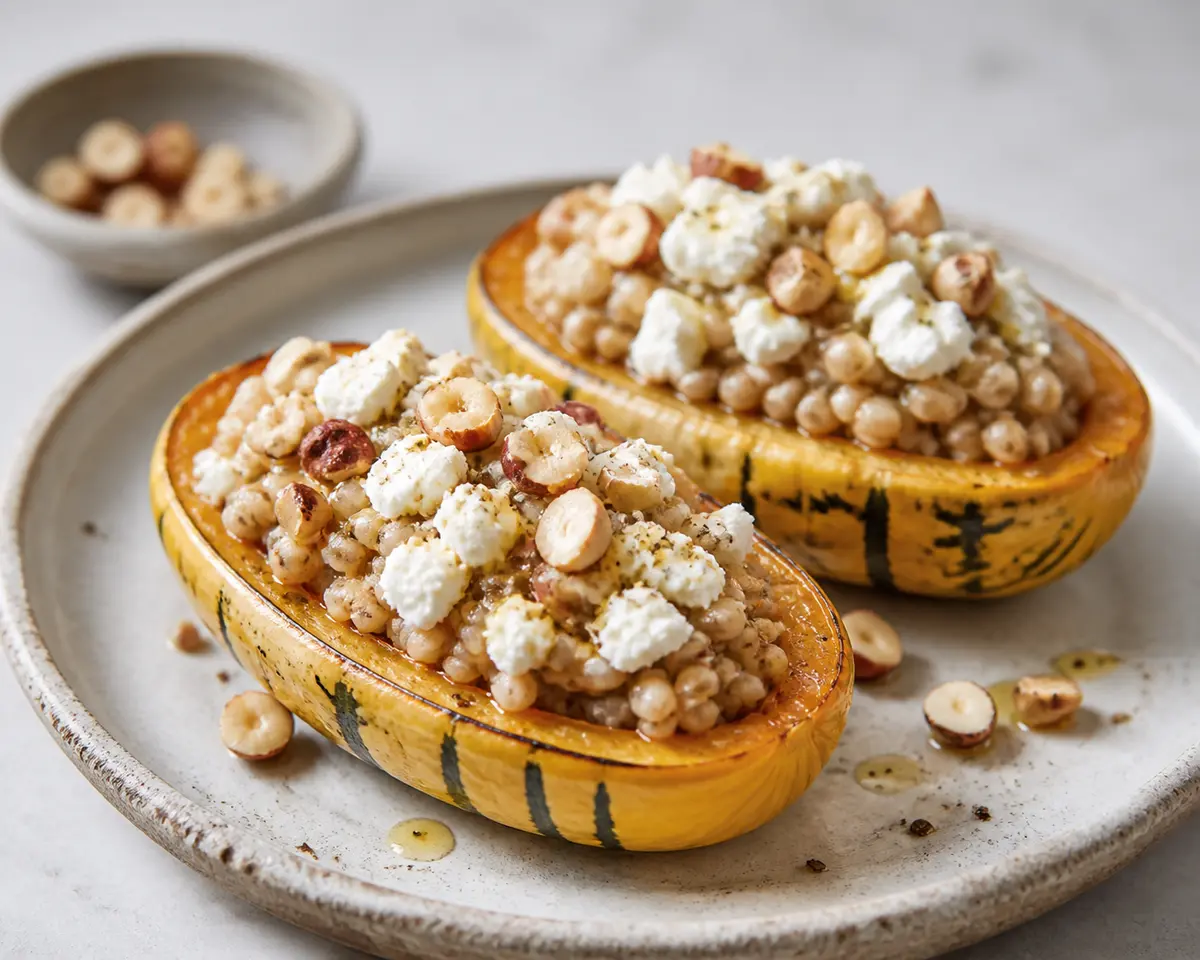Calabazas Delicata Rellenas de Farro Cremoso, Queso de Cabra y Avellanas