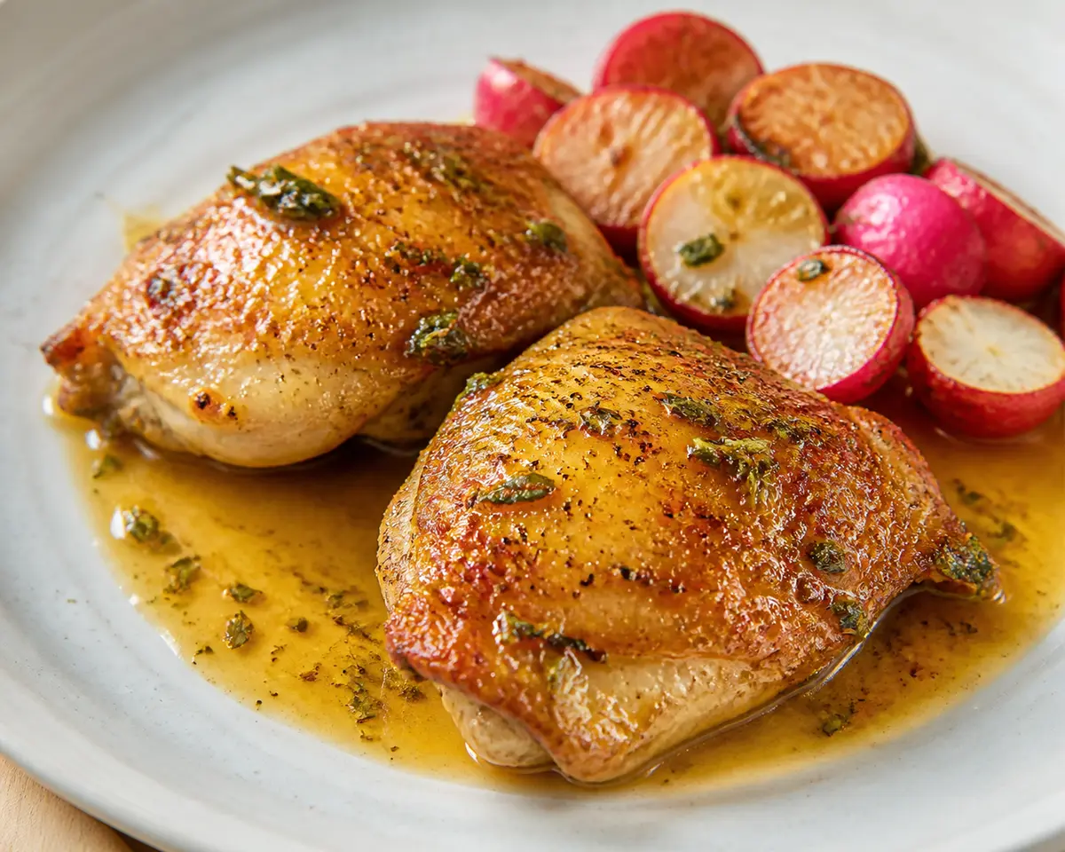Muslos de Pollo Keto en Salsa de Mantequilla de Mostaza con Rábanos Asados
