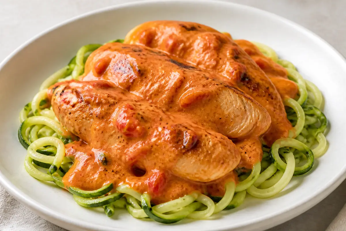 Turkey Breast in Smoky Red Pepper Sauce with Zucchini Noodles