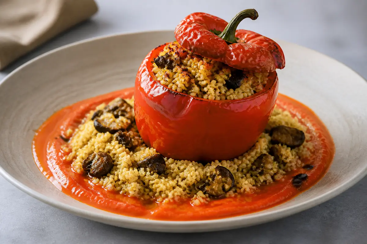 Stuffed Peppers with Creamy Millet, Smoky Mushrooms and Roasted Pepper Sauce