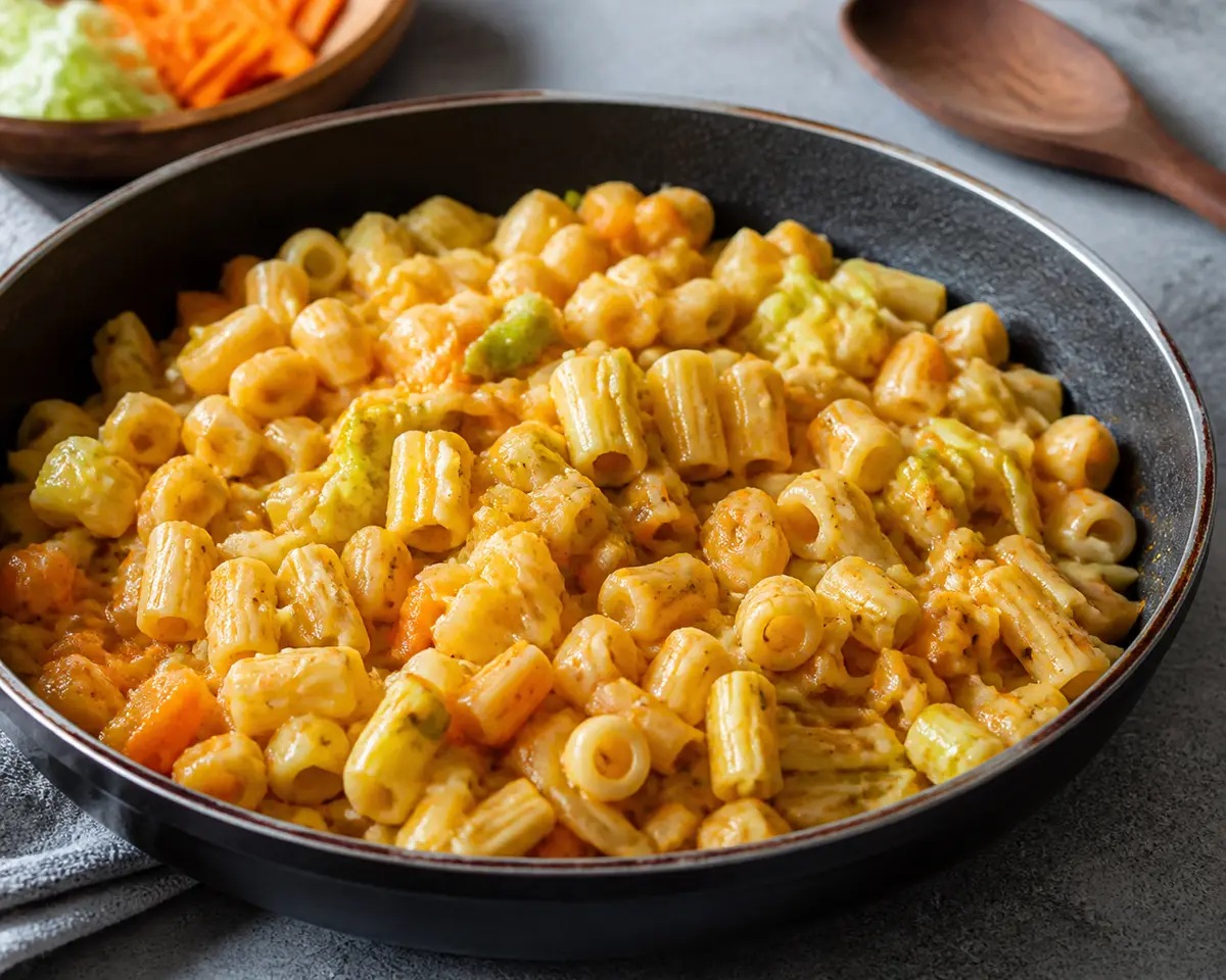 Salteado Cremoso de Fideos Cortos con Col, Zanahoria y Pimentón Ahumado