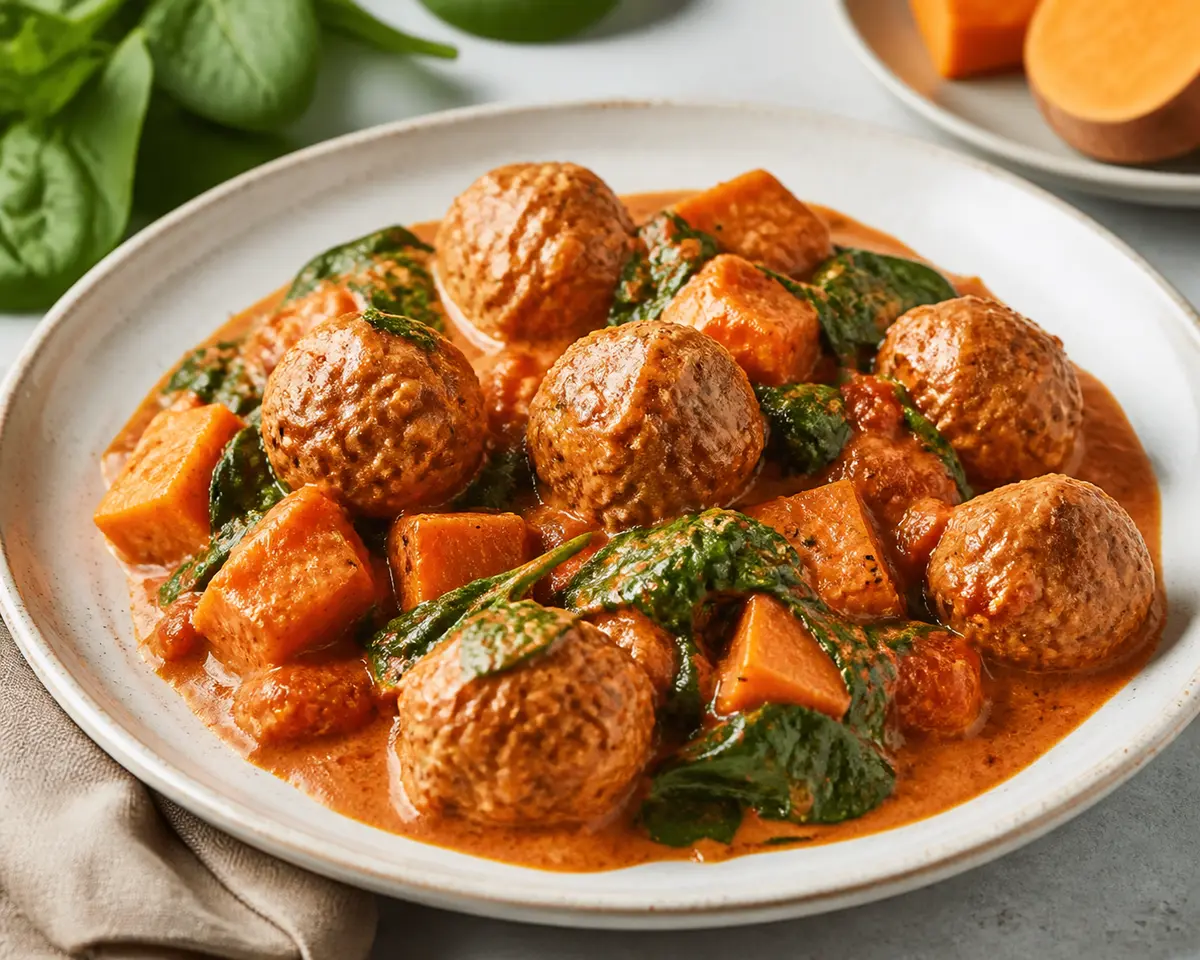 Cazuela Familiar de Albóndigas de Pavo, Boniato y Espinacas con Salsa Cremosa de Tomate