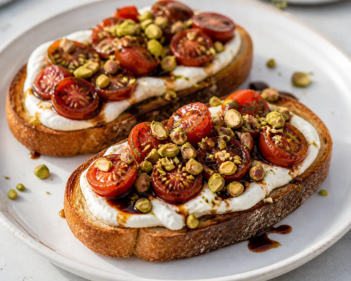 Quick Whipped Ricotta Toasts with Balsamic Tomatoes and Pistachio