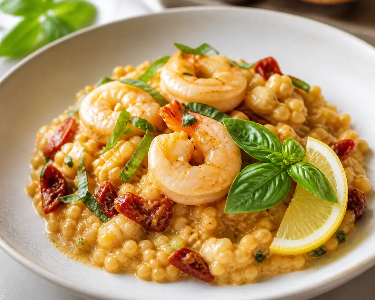 Creamy Sun-Dried Tomato Couscous with Shrimp and Lemon Basil