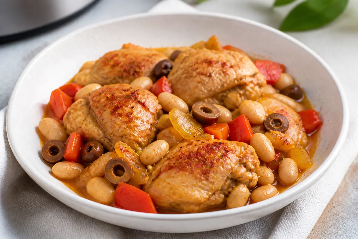 Muslos de Pollo al Pimentón con Alubias Blancas y Aceitunas en Instant Pot