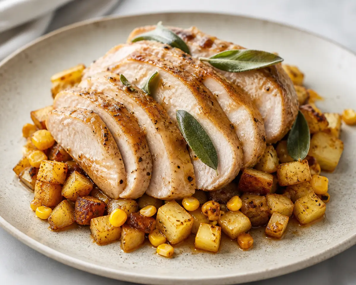 Pavo Glaseado con Sidra y Salvia sobre Hash Crujiente de Papa y Maíz