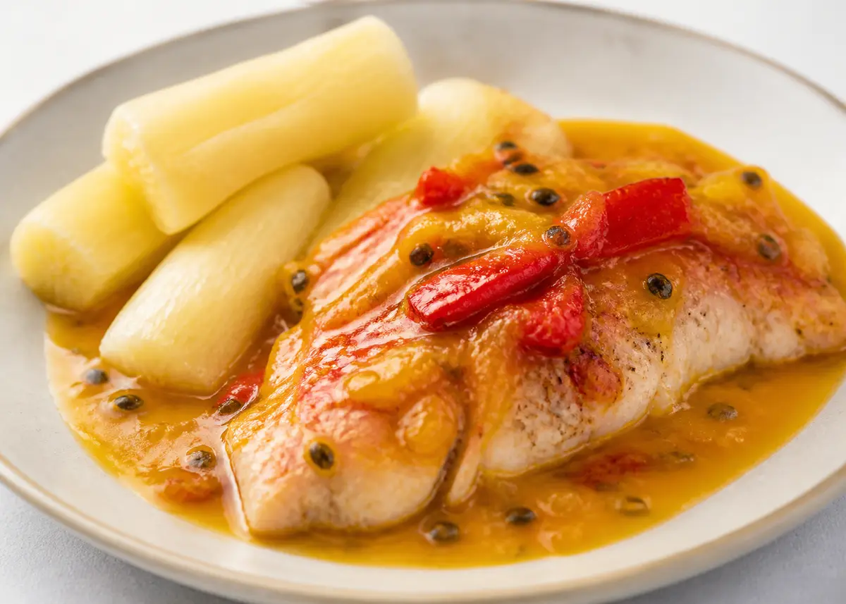 Caribbean Red Snapper in Passion Fruit and Smoky Pepper Sauce with Golden Yuca