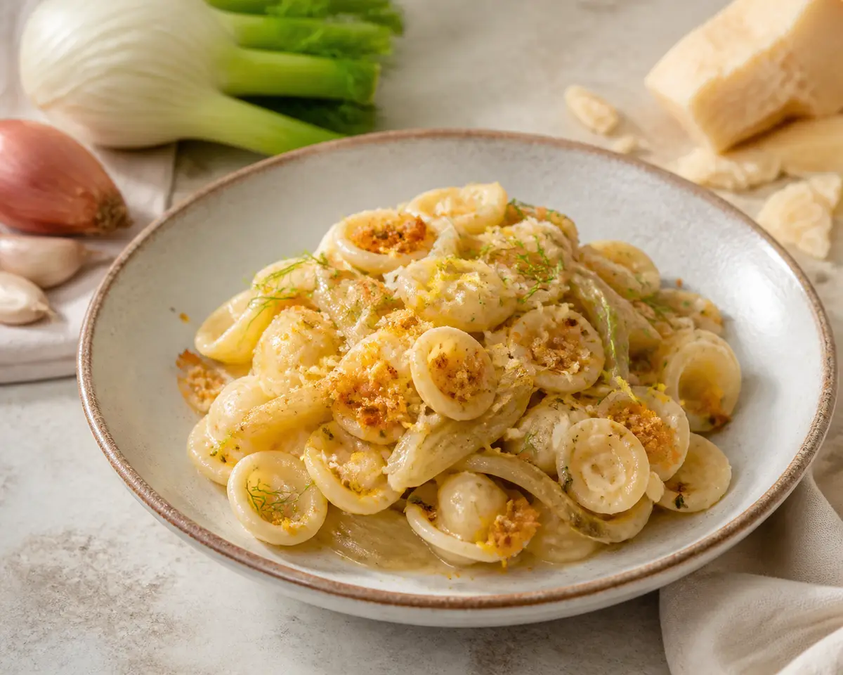 Orecchiette Cremosas con Hinojo Dorado, Limón y Crujiente de Pan al Pecorino
