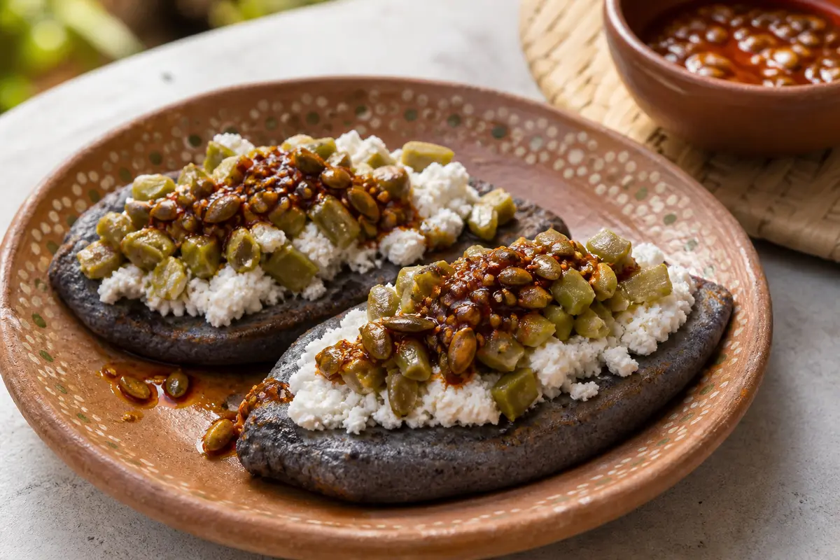 Crispy Tlacoyos with Ricotta-Style Cheese and Nopales, with Pumpkin Seed Salsa Macha